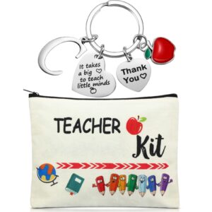 MTLEE 2 Pcs Teacher Appreciation Gift Sets 2025 Graduation Present Makeup Pouch Cosmetic Bag Thank You Keychain with Initial(C Shape)