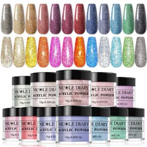 NICOLE DIARY Reflective Glitter Nail Acrylic Powder>12 Color Sparkle Silver Brown Hot Pink Green Professional Nail Acrylic Powder For Acrylic Nail Extension Carving French Manicure
