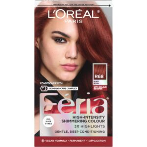 L’Oreal Paris Feria Multi-Faceted Shimmering Permanent Hair Color, R68 Ruby Rush (Rich Auburn True Red), Pack of 1, Hair Dye