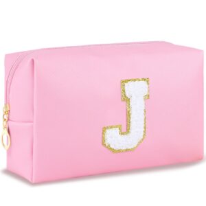 URSKYTOUS Gifts for Teacher Initial Makeup Bag Personalized Cosmetic Bag Cute Travel Toiletry Bag Small Chenille Letter PU Makeup Pouch Organizer Preppy Birthday Gift for Daughter Teen Girls (Pink J)
