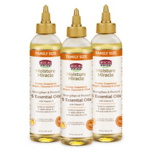 African Pride Moisture Miracle 5 Essential Hair Oils (3 Pack) – Contains Castor, Grapeseed, Argan, Coconut & Olive Oil, Seals in Moisture & Adds Shine & Strengthens Hair, Vitamin E, 8 oz