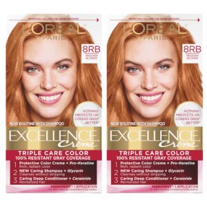 L’Oreal Paris Excellence Creme Permanent Hair Color, 8RB Medium Reddish Blonde, 100 percent Gray Coverage Hair Dye, Pack of 2