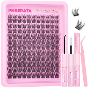 PHKERATA Wispy Lash Clusters Kit Natural Lash Extension Kit Wispy Eyelash Extension Kit Eyelash Clusters with Lash Glue Bond and Seal and Tweezers 132 Pcs Individual Cluster Eyelash Extensions