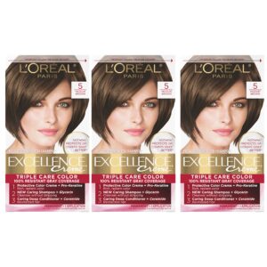 L’Oreal Paris Excellence Creme Permanent Hair Color, 5 Medium Brown, 100 percent Gray Coverage Hair Dye, Pack of 3