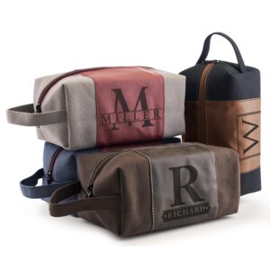 Toiletry Bag for Men Personalized, Laser Engraved Initial & Name on Leather, Custom 4 Canvas Colors – Gift for Husband, Dad, Boy Friend, Handcrafted Travel Bag, Waterproof Shaving Dopp Kit
