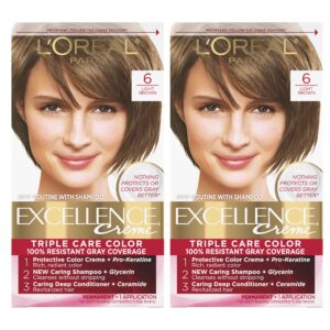 L’Oreal Paris Excellence Creme Permanent Hair Color, 6 Light Brown, 100 percent Gray Coverage Hair Dye, Pack of 2