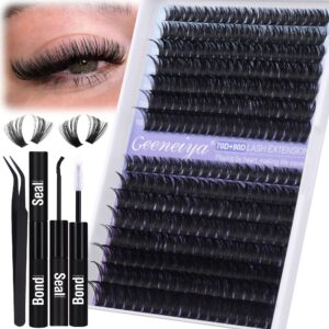 Geeneiya Wispy Lash Clusters Kit 70D+90D Lash Extension Kit 10-18mm Natural Cluster Eyelash Extensions Kit Individual Lashes with Waterproof Lash Bond and Seal Glue, Lash Tweezers (300PCS)
