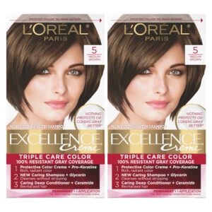 L’Oreal Paris Excellence Creme Permanent Hair Color, 5 Medium Brown, 100 percent Gray Coverage Hair Dye, Pack of 2