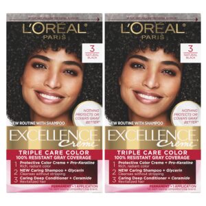 L’Oréal Paris Excellence Creme Permanent Hair Color, 3 Natural Black, 100 percent Gray Coverage Hair Dye, Pack of 2