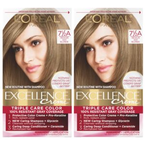 L’Oreal Paris Excellence Creme Permanent Hair Color, 7.5A Medium Ash Blonde, 100 percent Gray Coverage Hair Dye, Pack of 2