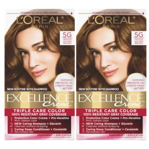 L’Oreal Paris Excellence Creme Permanent Hair Color, 5G Medium Golden Brown, 100 percent Gray Coverage Hair Dye, Pack of 2