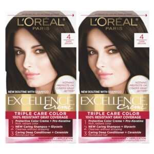 L’Oreal Paris Excellence Creme Permanent Hair Color, 4 Dark Brown, 100 percent Gray Coverage Hair Dye, Pack of 2