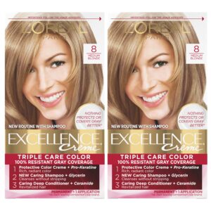 L’Oréal Paris Excellence Creme Permanent Hair Color, 8 Medium Blonde, 100 percent Gray Coverage Hair Dye, Pack of 2