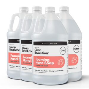 Clean Revolution Foaming Hand Soap Refill Supply Container, Ready to Use Formula, Gluten Free, Geranium Mint Fragrance, 128 Fl. Oz, 4 Pack – Made in USA