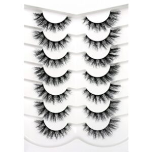 Pooplunch False Eyelashes Pre-Permed Curl Cat Eye Look Wispy Fluffy Natural Fake Eyelashes 8D Volume Faux Mink Lashs 7 Pairs Pack