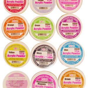 Sassi Acrylic Powder 12 Pack – (1/2)oz – Complete Set> Nail liquid> nail gel> natural looking> beauty> strengthen nails> resistant> easy application> nail powder> nail buffing> professional use> salon