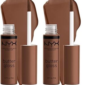 NYX PROFESSIONAL MAKEUP Butter Gloss Brown Sugar, Non-Sticky Lip Gloss – Fudge Me (Warm Brown) (Pack of 2)