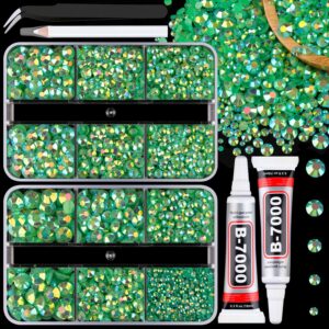Resin Jelly Rhinestones for Crafting with B7000 Jewelry Glue, 2 Boxes Dark Green AB Flatback Crystals with 2Pcs 10ml Glue, Bedazzling Non Hotfix Gems for DIY Tumblers Clothing Shoes Manicure