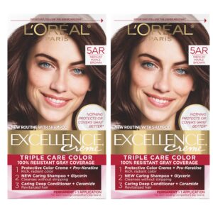L’Oréal Paris Excellence Creme Permanent Hair Color, 5AR Medium Maple Brown, 100 percent Gray Coverage Hair Dye, Pack of 2