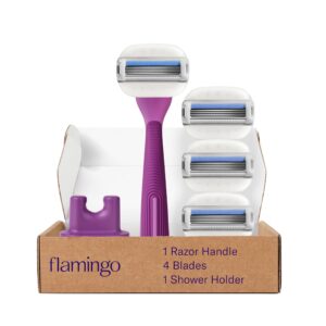 Flamingo Moisture Plus Women’s Razor Set – Razor Handle, 4 Blade Refills, Shower Holder – Fig