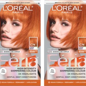 L’Oreal Paris Feria Multi-Faceted Shimmering Permanent Hair Color, C74 Intense Copper, Hair Dye Kit, Pack of 2
