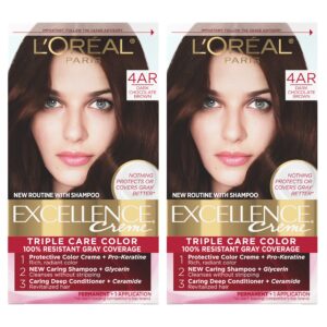 L’Oréal Paris Excellence Creme Permanent Hair Color, 4AR Dark Chocolate Brown, 100 percent Gray Coverage Hair Dye, Pack of 2