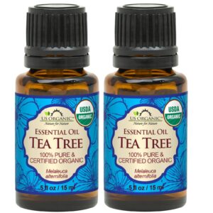 US Organic 100% Pure Tea Tree Essential Oil, Steam Distilled, USDA Certified Organic, for Hair, Skin, Scalp, Foot, Toenails, and More. Sourced from South Africa, Undiluted, Non-GMO (15 ml, 2 Pack)