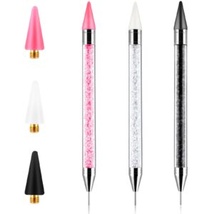 Acrylic Rhinestone Picker – 3 Pcs Double-ended Rhinestone Wax Pen with Self-Adhesive Wax Tips， Nail Rhinestone Picker with 3 Extra Wax Tips for Nail Art Gemstone Crystal DIY (White, Black, Pink)
