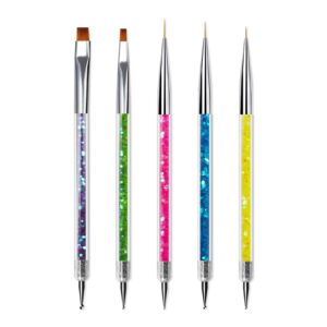 Sularpek 5 Pcs Double Ended Nail Design Brushes,Nail Art Point Drill Drawing Brush Pen,Double Ended Fine Nail Liner Brush Dotting Pen,Double Ended Brush and Dotting Tool Kit