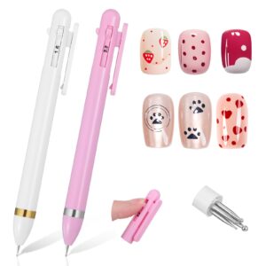 2Pcs Nail Dotting Pen in Ballpoint Pen Design,Nail Dotting Tool 4 in 1 Nail Art Tip Dot Paint Manicure Kit for Manicure DIY (white+pink)