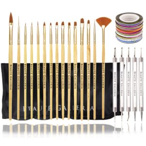 Beaute Galleria Bundle 50 Pieces Nail Art Tool Kit with Pouch – 5 Pieces Dotting Tool Marbleizing Pen (10 Sizes), 15 Pieces Acrylic Gel Detailing Painting Brushes Liners, 30 Pieces Striping Tapes