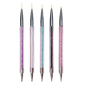 5 Pcs Nail Art Pen , Double Ended Nail Art Point Drill Drawing Brush Pen Manicure Care Tool, Pink blue black purple transparent