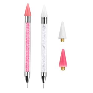 Erinde 2PCS Rhinestone Picker Tool Diamond Gems Painting Pen Acrylic Crystal Beads Handle Rhinestones Applicator Dual-Ended Manicure Nail Art DIY Decoration Tool with 2 Extra Wax Tips (White & Pink)