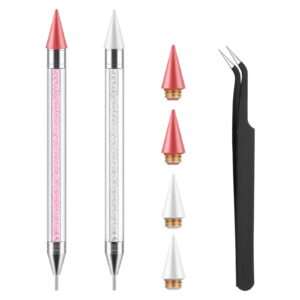 YUXIANLB Nail Rhinestone Picker Tool Wax Pencil with 1pc Tweezer Dual End Rhinestones Gems Crystals Diamonds Pickup Painting Pen Applicator Acrylic Handle Manicure DIY Nail Art Dotting Pen(Pink White)