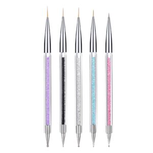 LANDOT 5pcs Nail Art Liner Brushes, Manicure Drill Drawing Nails Brush Pen, Double Ended Dotting Tools Set, Nail Dotting Painting Drawing Pens