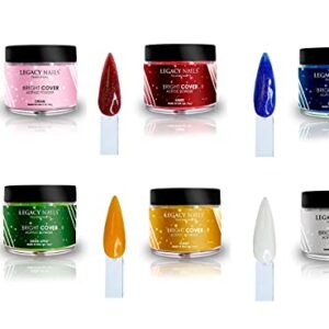 Legacy Nails Professional Bright Cover Full Coverage Color Acrylic Powder 2 oz Shimmer> Shine for Overlay Nail Extensions Set of 6 Colors