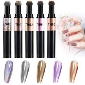 5 Pack Holographic Nail Magic Powder Pen- Mirror Effected Chrome Nail Powder Air Cushion Pen Rainbow Holo Nail Art Powder Decoration Pen Dual-Use for Eyeshadow and Nail Art for Home Salon (Golden)