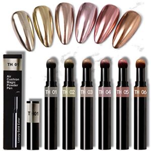 BISHENG Chrome Nail 6 Pcs Holographic Nail Powder Pen Air Cushion Solid Powder Chrome Powder New Cushion Design Nails Powder Dust for Salon Home DIY Nail Art Deco Suitable Women and Girls Easy to Use
