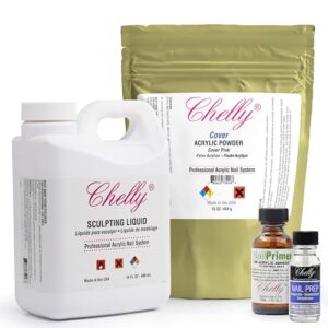 Chelly Sculpting Powder Professional Acrylic Nail System Clear Blush Pink Medium 16 oz + Acrylic Liquid monomer 16oz + Acid-Free Primer XTRABOND for Acrylic & UV Gels 1 oz 30ml Nail (Cover Pink)