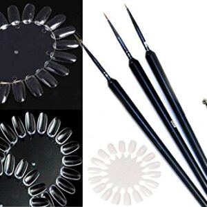 JOVANA 3pcs Precision Sable Nail Art Detailing Liner Brushes Plus 3 x Clear Practice Nail Design Display Wheels & Dotting Tool