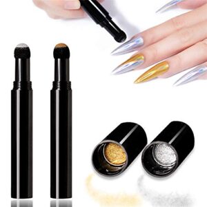 2Pcs/set Chrome Air Cushion Nail Powder Pen Mirror Effect Magic Powder Pen Holographic Laser Gold and Silver for Nail Art Decoration DIY