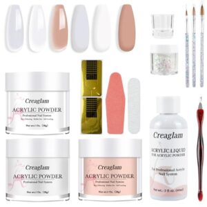 Creaglam Acrylic Nail Kit for Beginners: 3 Colors 28g Nude Clear White Acrylic Nail Powder Professional Gel Glue – 1Oz Large Capacity Acrylic False Set witn 60ml Liquid and Brush Nail Forms Tools