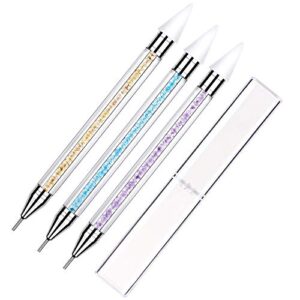 Rhinestone Picker Dotting Pen with Storage Box,3 Pack Double Head Wax Nail Rhinestone Picker Dotting Pen,Nail Art Design Pen Crystal Diamond Acrylic Handle Manicure Gem Pick Up Applicator Tool