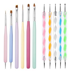 Sularpek 6Pcs Nail Art Brushes Set, Builder Gel Brush for Nails, Nail Fine Liner Brushes, 5pcs 2 Way Dotting Pen Tool, Multicolor Dotting Tool Set, for Embossing Pattern Clay Sculpting Nail Art