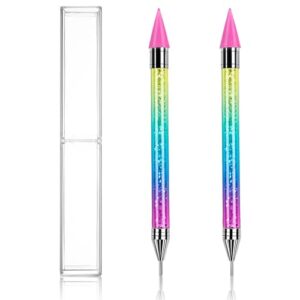 Orybot 2Pcs Dual-Ended Nail Rhinestone Picker Dotting Pen,Diamond Stick Crayon Nail Art Pen,Wax Tip Nail Picker Tool,Gradient Handle with Crystal Beads Nail Art DIY Decoration Tool（Purple）
