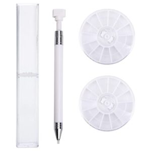 Rhinestone Picker Dotting Pen White Wax Pencil Gems Crystals Pen Studs Beads Picker with 2 Round Nail Jewelry Storage Box, White