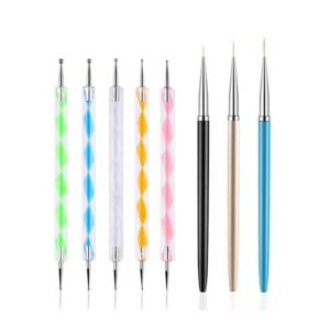 5 PCS Dotting Pens with 3 PCS Nail Painting Brushes, Nail Art Tip Design Tools Dot Paint Manicure Kit, Professional Nail Art Accessories (Multicolor)