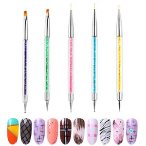 Emirde Double Ended Nail Art Brushes, 5 Pieces Nail Art Point Drill Drawing Brush Pen Manicure Care Tool Nail Brushes Double Ended Dotting Tools Set Nail Art Liner Brush, for Beginner