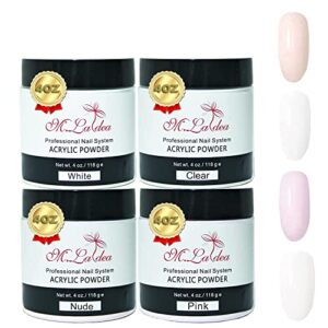 M.Ladea 4 Colors Total 16oz Set Acrylic Powder> 4oz Per Bottle Large Capacity Polymer Powder for Nail Art on Party> DIY> Gifts> No Nail Lamp Needed (Clear & White & Pink & Nude)