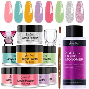 Janier Nail Acrylic Powder Set – 8 Candy Color Acrylic Nail Powder with Liquid Monomer Professional Glitter Polymer Colored Acrylic Nail Powder French Nails Art Extension Carving Set…